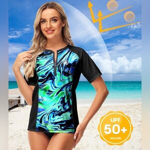 AOBUTE BlueGreen Gradient Wave Print SPF Rashguard Short Sleeve Zip Shirts 3XL